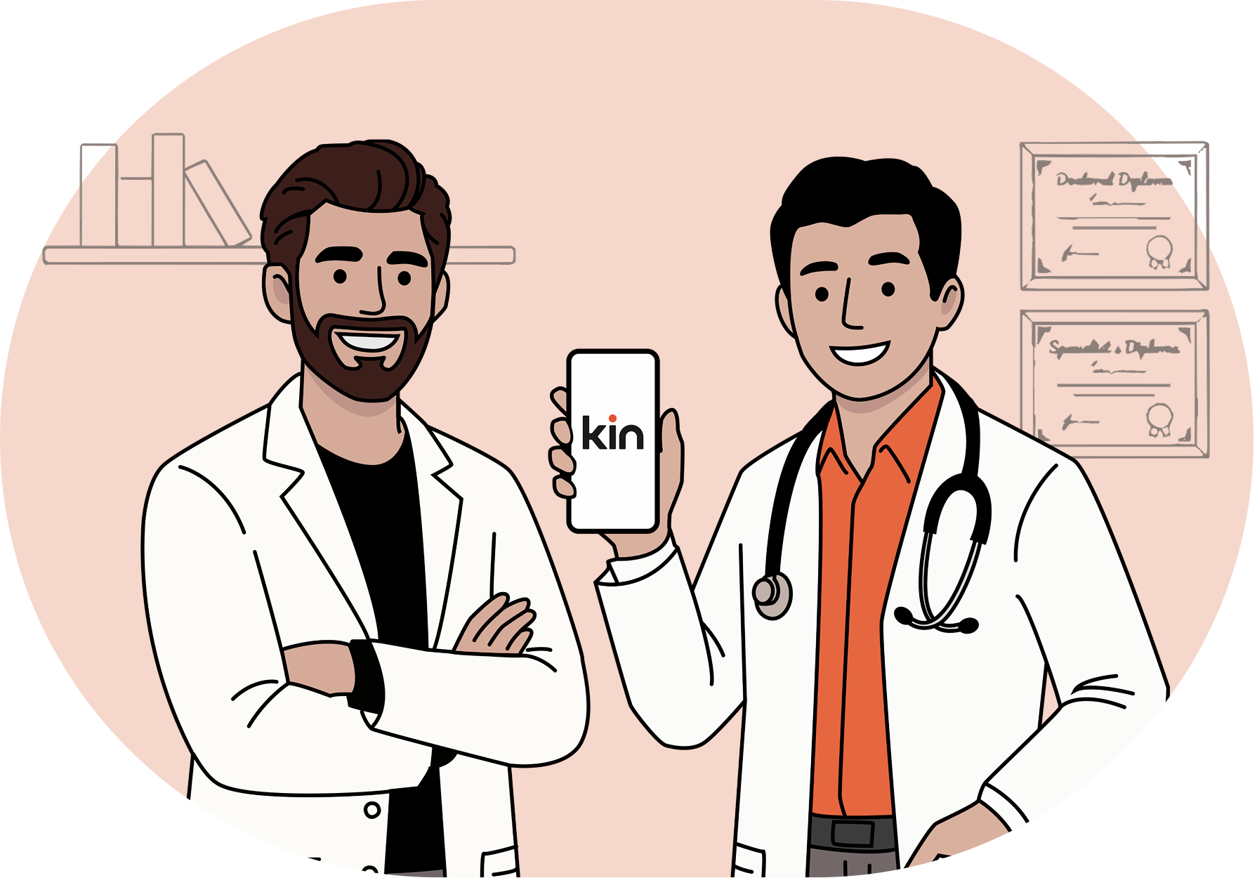 Illustration of Kin founders holding a phone in a clinic