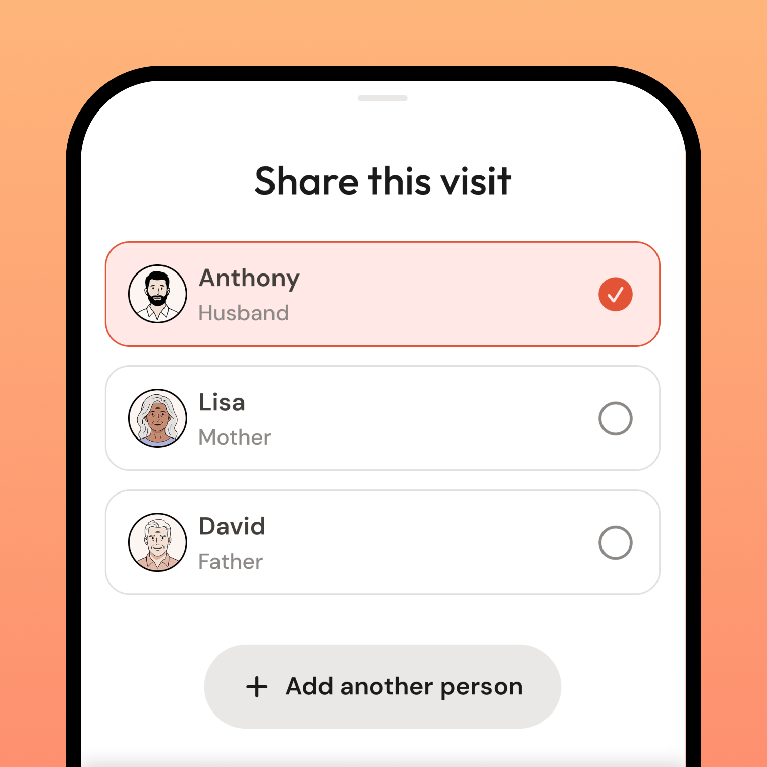 Kin sharing screen with care circle options